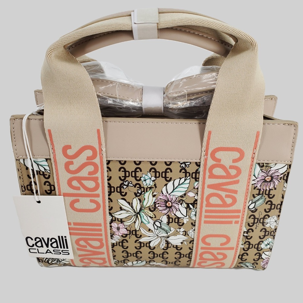 Cavalli Class Serafina Top Handle Tote Floral Print Beige Leather Canvas Bag - Picture 2 of 8
